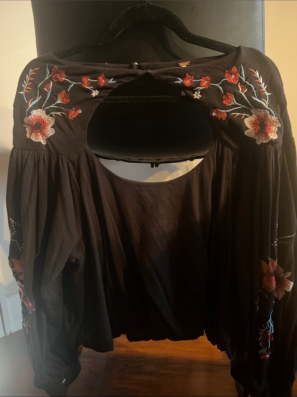 Free People Black Peasant Top with Red Floral Embroidery